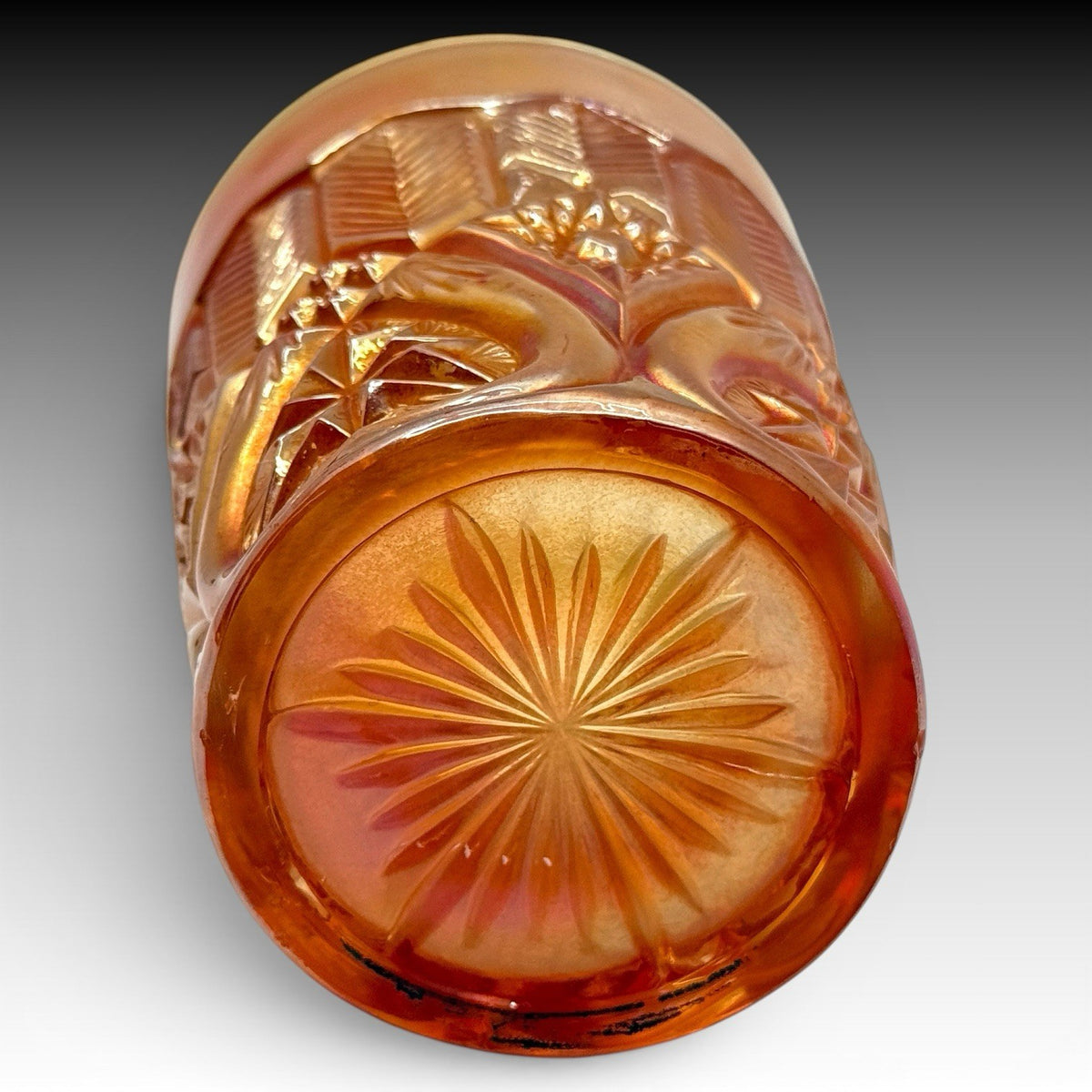 Millersburg Feather & Heart Marigold Carnival Glass Tumbler, Antique 4 Inch RARE