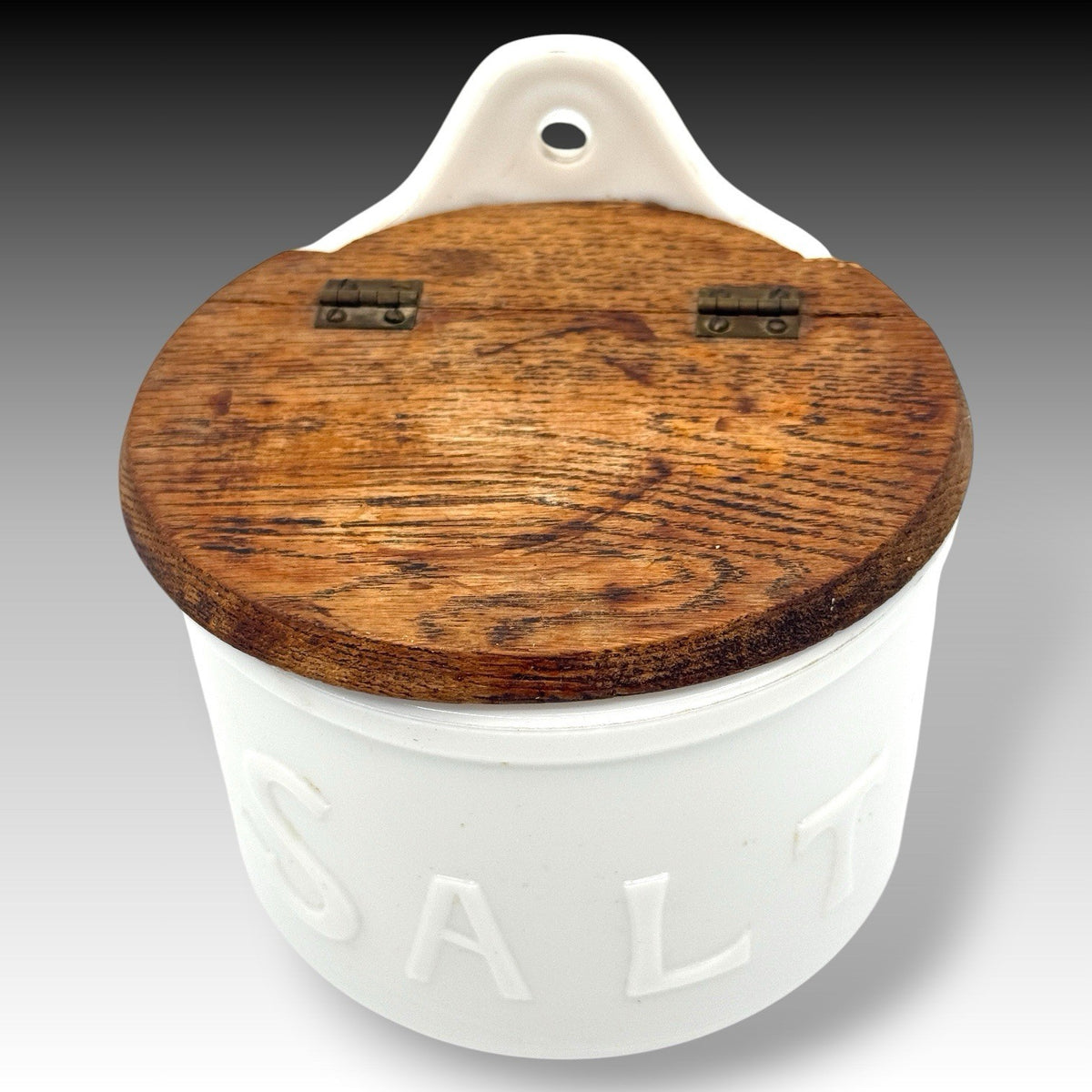 Jeanette Milk Glass Victorian Wall Mount Salt Box With Wood Lid Farmhouse Decor