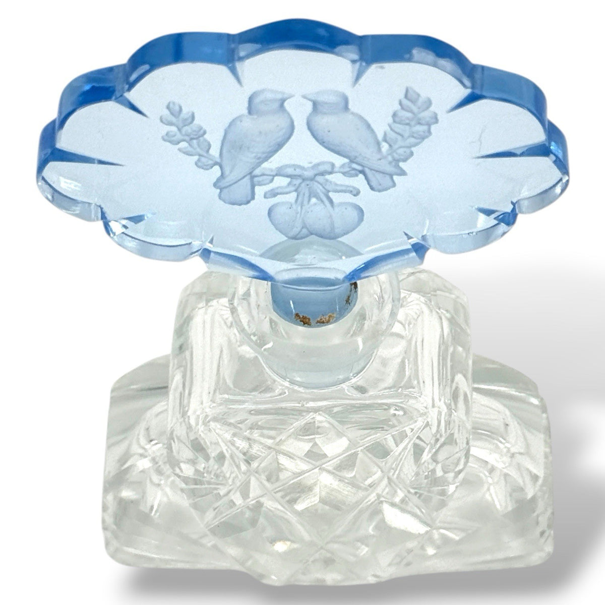 Czech Cut Crystal Art Deco Perfume Bottle With Blue Intaglio Bird Stopper 4 Inch