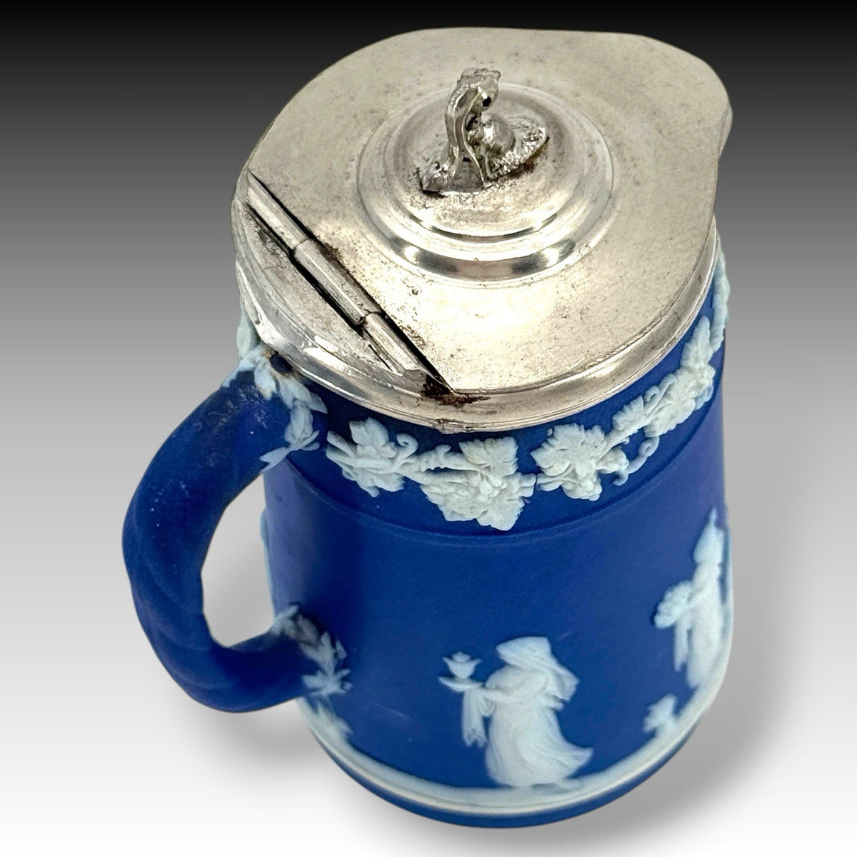 Wedgwood Dark Blue Jasperware Syrup Pitcher With Pewter Lid, Antique 1867 Rare