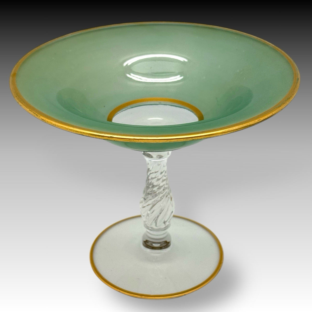 BOHEMIAN Green Art Glass Compote w/ Gilt Rim, Twisted Stem, MCM Pedestal 7.25"