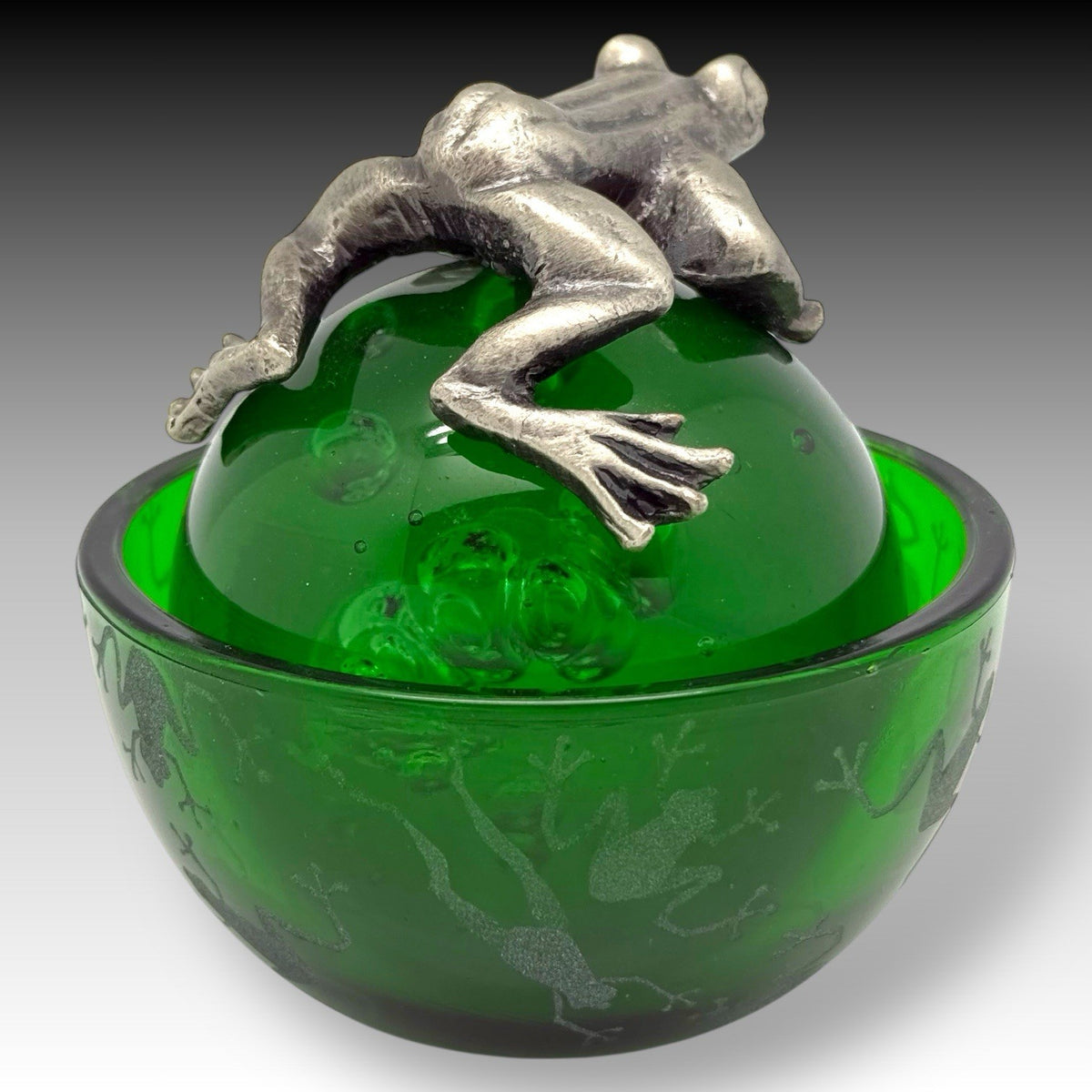 Vintage Pewter FROG on Green Bubble Glass PAPERWEIGHT & Etched FROG BOWL Set