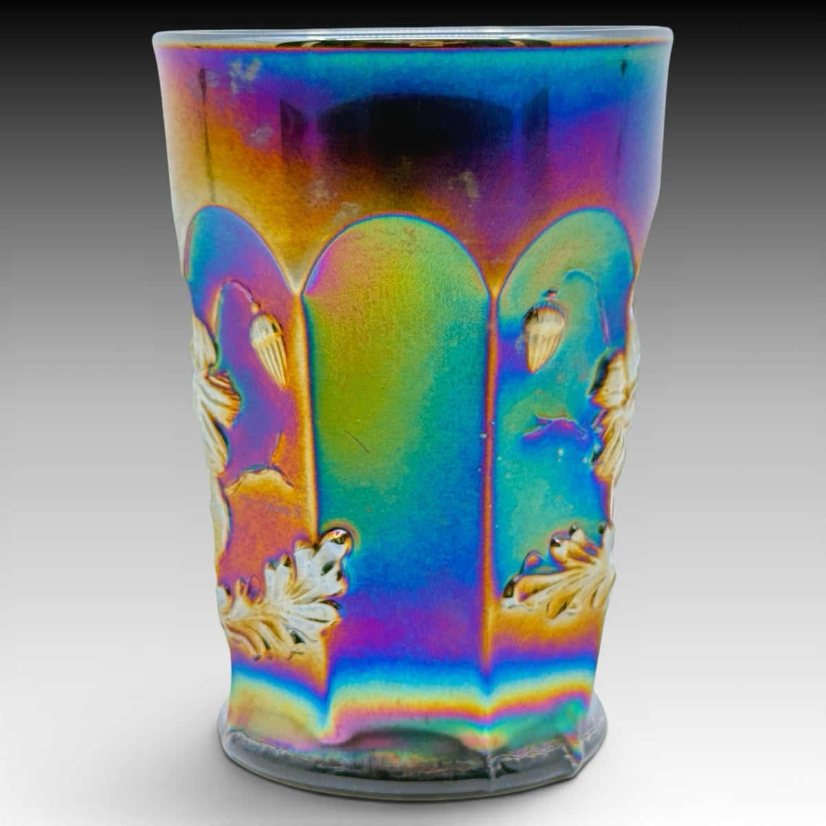 Northwood Oriental Poppy Black Amethyst Carnival Glass Tumbler, Antique 4.5 Inch