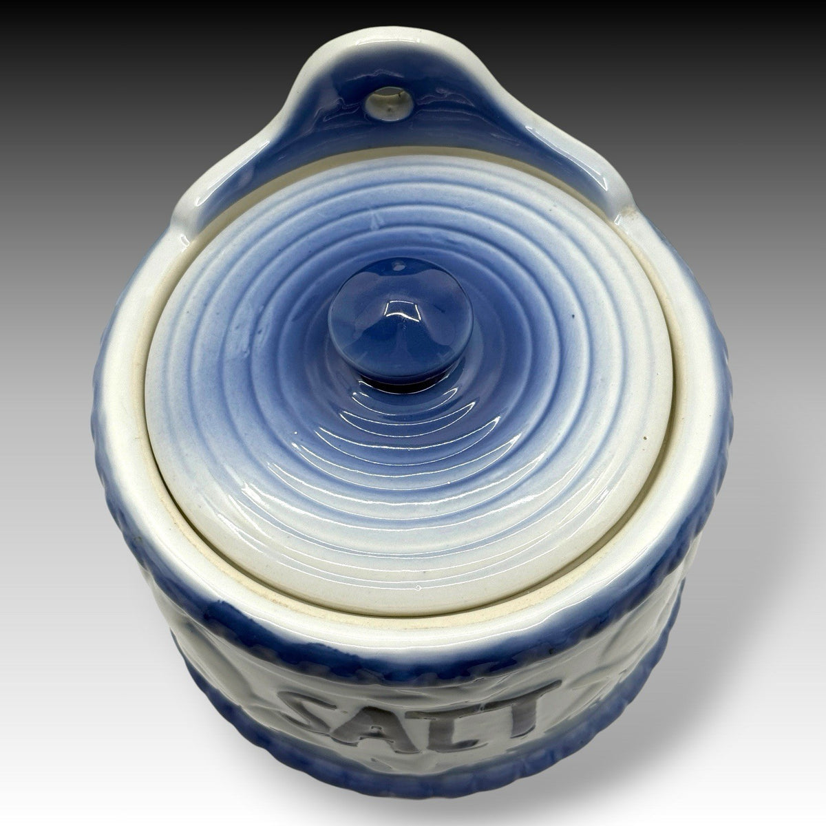 Antique Blue White Stoneware Hanging Salt Crock Box Embossed Birds Wall Mounted