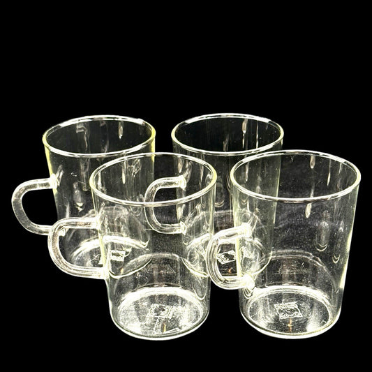 Schott Mainz Jena Glas Coffee Mugs Set of 4 Clear Glass 8 Oz Vintage Germany