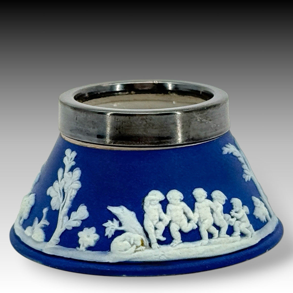Antique Wedgwood Blue Jasperware Open Salt Cellar Silverplate Rim Cherubs 1867