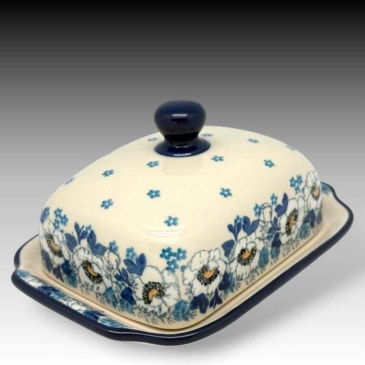 Ceramika Artystyczna Polish Pottery Covered Butter Dish Cheese Snow White Poppy
