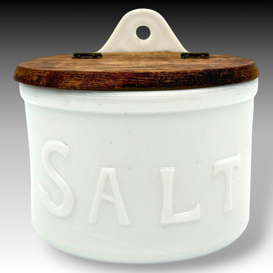 Jeanette Milk Glass Victorian Wall Mount Salt Box With Wood Lid Farmhouse Decor