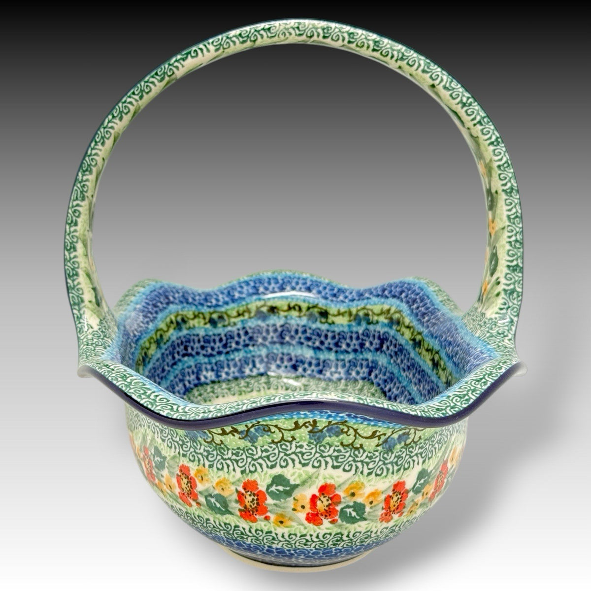 Ceramika Artystyczna Polish Pottery Splendid Meadow Basket UNIKAT T. Liana 11"