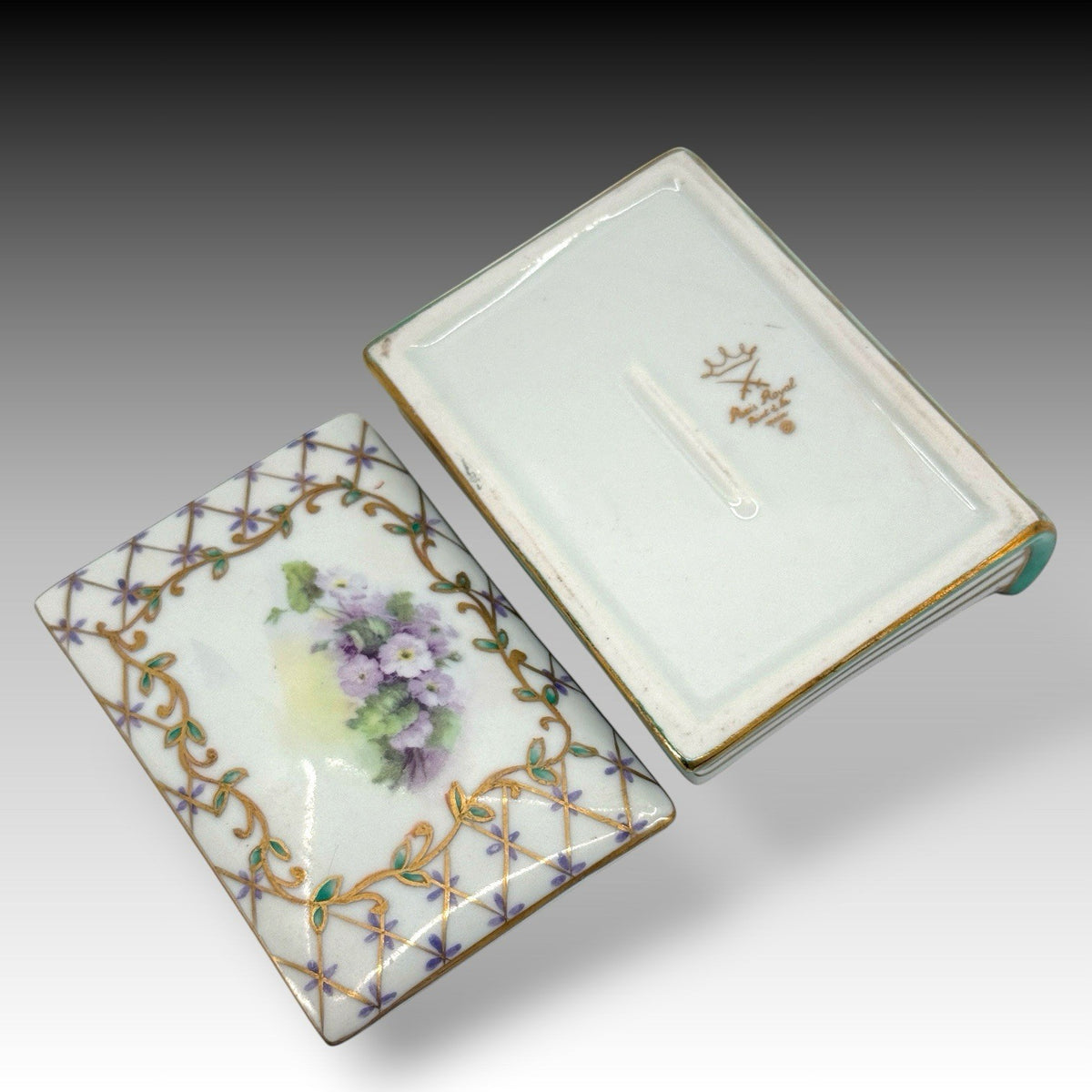 Paris Royal Hand Painted Porcelain Book Trinket Box Violets Floral Lift Off Lid