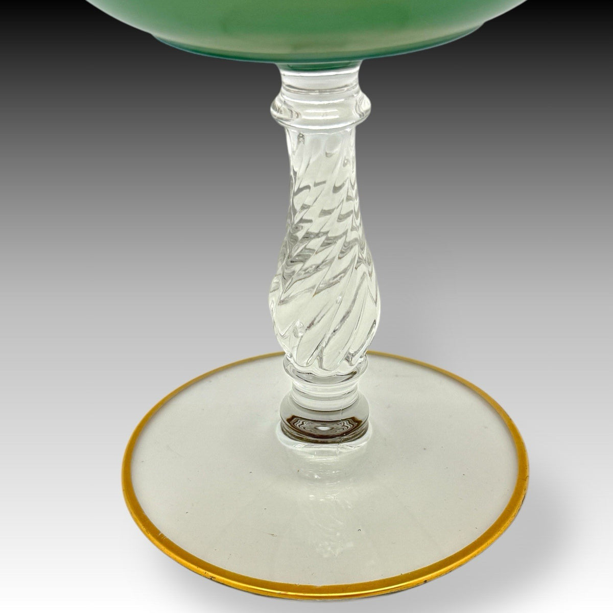 BOHEMIAN Green Art Glass Compote w/ Gilt Rim, Twisted Stem, MCM Pedestal 7.25"