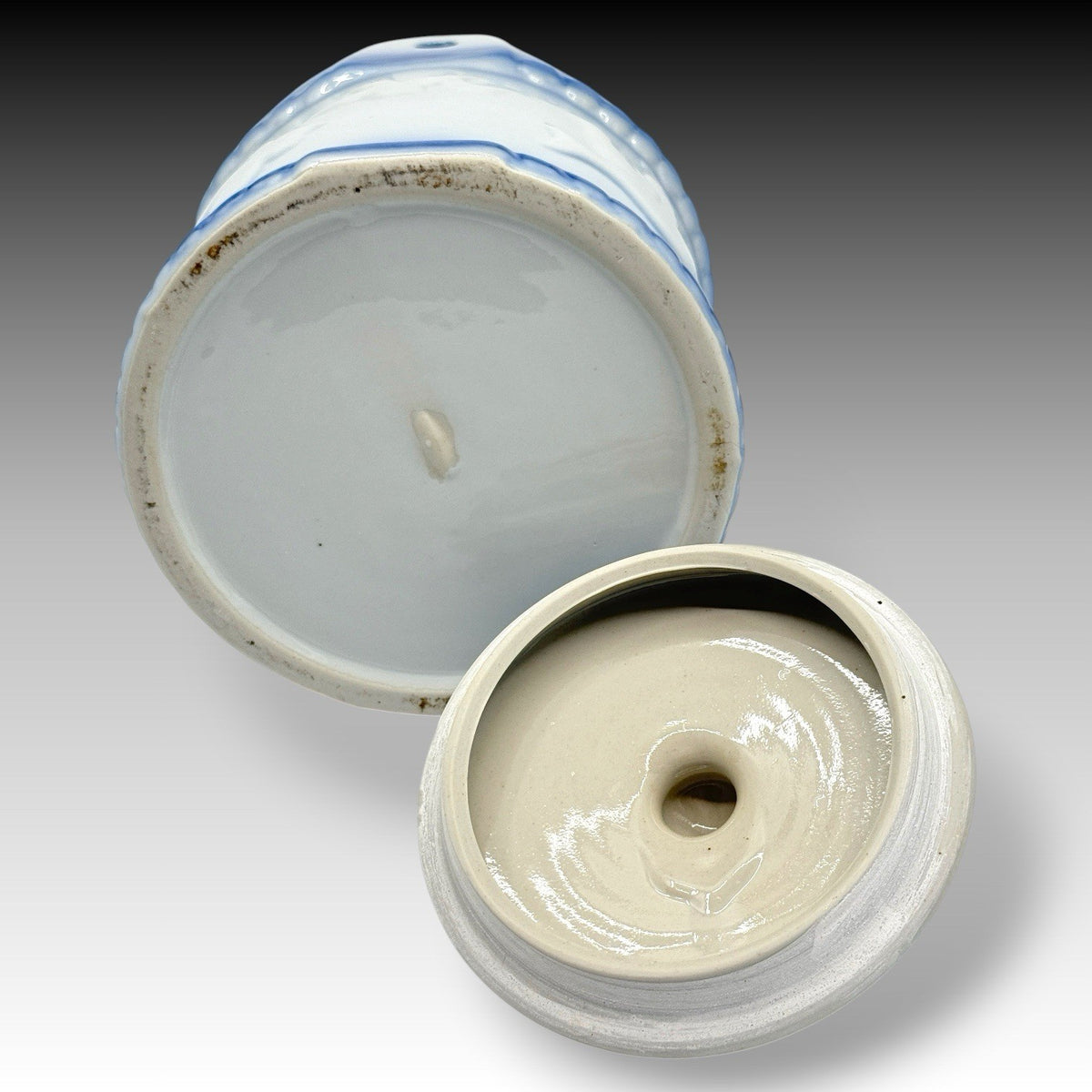 Antique Blue White Stoneware Hanging Salt Crock Box Embossed Birds Wall Mounted