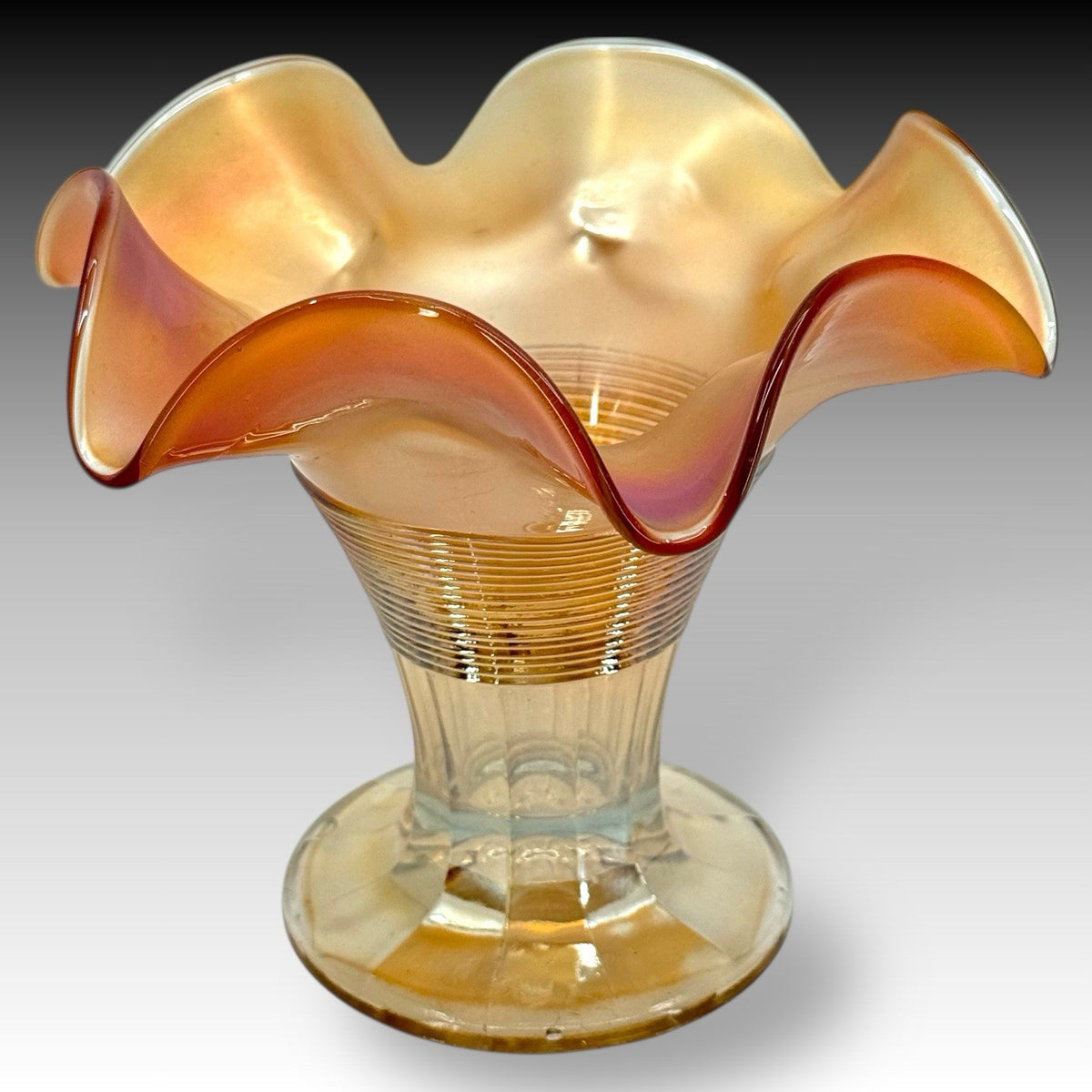 Marigold Carnival Glass Ruffled Vase Ribbed Iridescent Scalloped Vintage 5.5 in