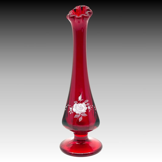 Vintage Fenton Ruby Red Swung Bud Vase Hand Painted Floral Art Glass 7.75 Inches