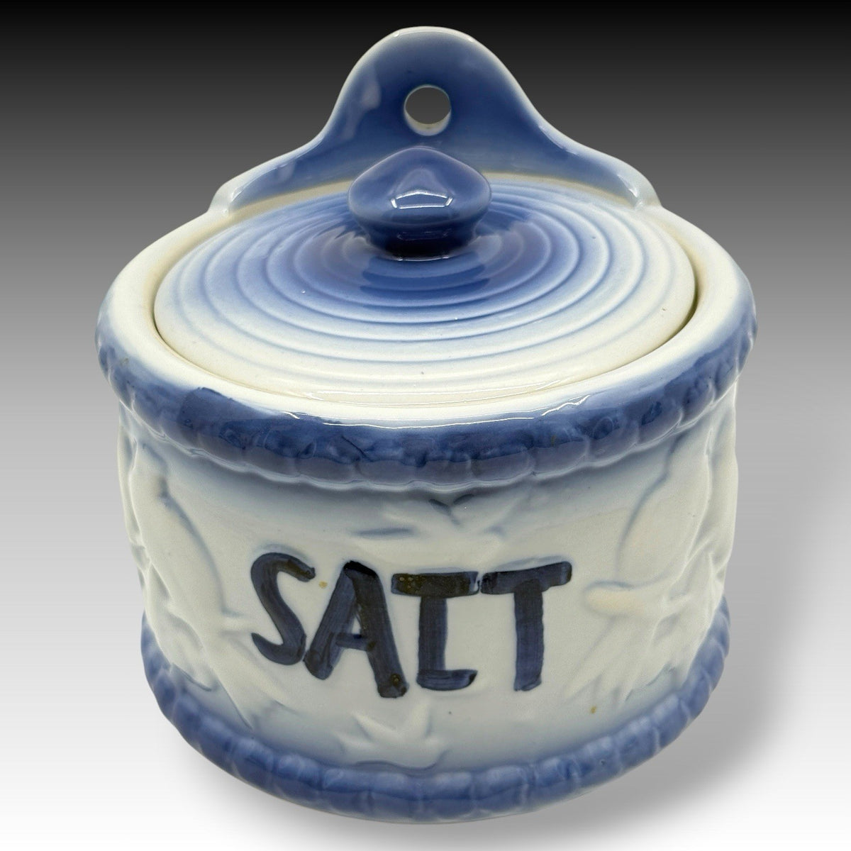 Antique Blue White Stoneware Hanging Salt Crock Box Embossed Birds Wall Mounted