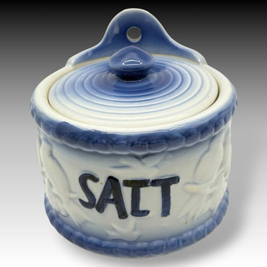 Antique Blue White Stoneware Hanging Salt Crock Box Embossed Birds Wall Mounted