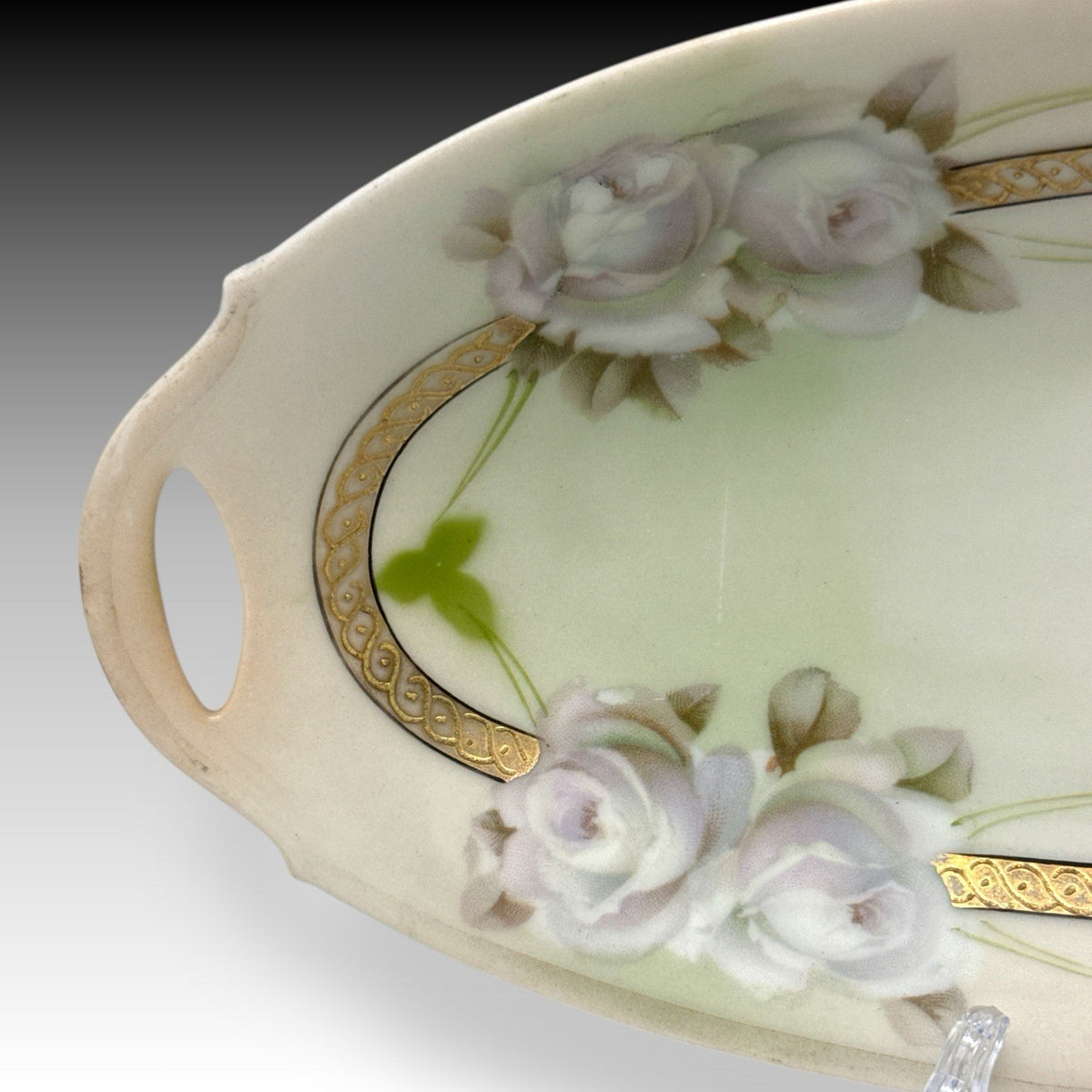 VTG BAVARIA Oval Celery Dish RELISH TRAY Roses & GOLD TRIM Open Handles 10"