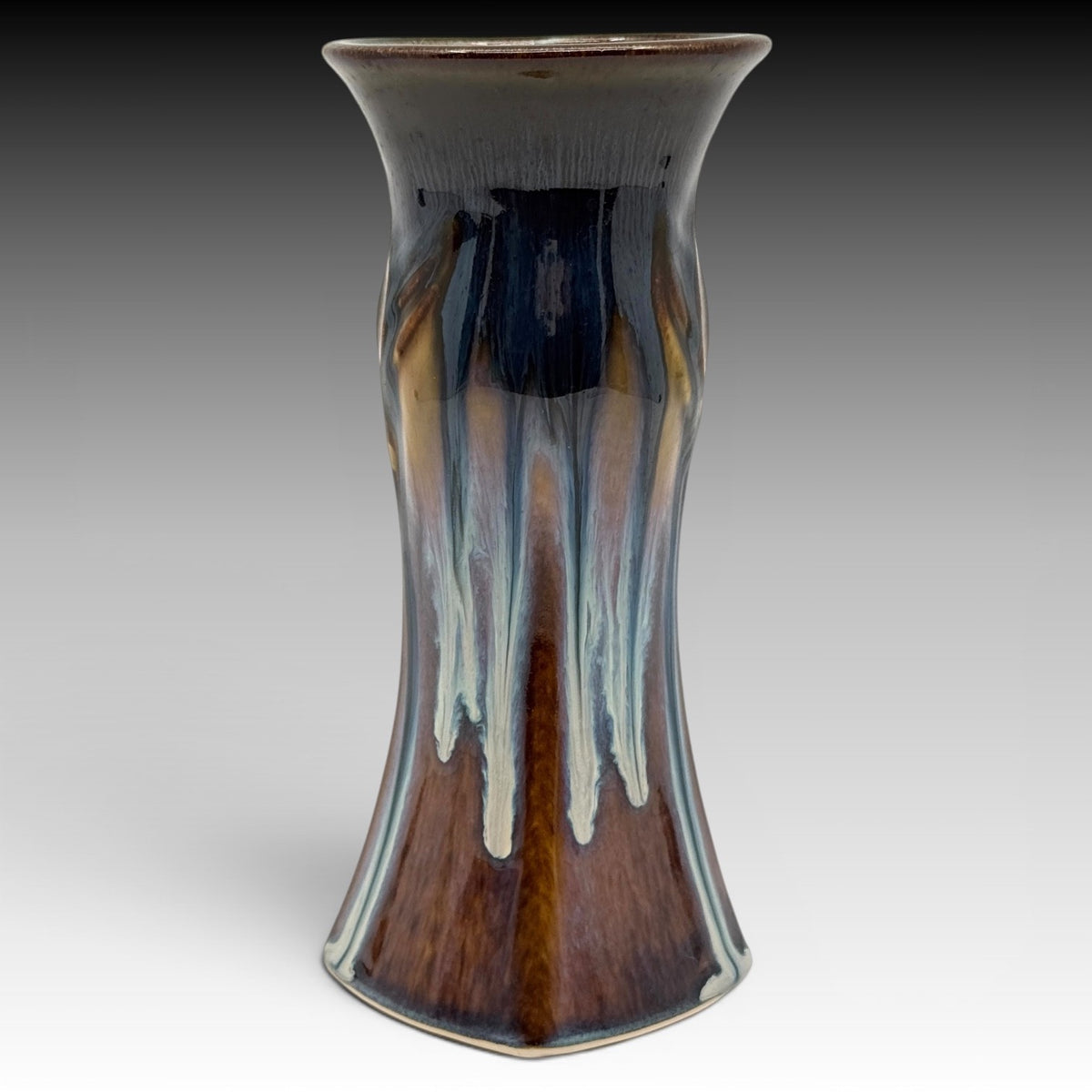 Bill Campbell Studio Art Pottery Blue Drip Glaze Lotus Vase Signed 7.75"  USA