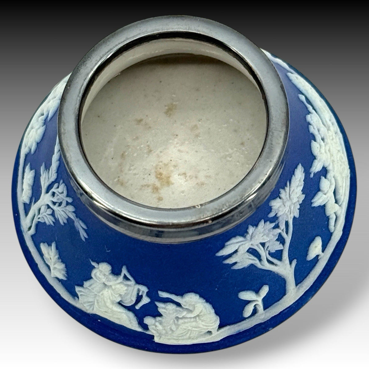 Antique Wedgwood Blue Jasperware Open Salt Cellar Silverplate Rim Cherubs 1867