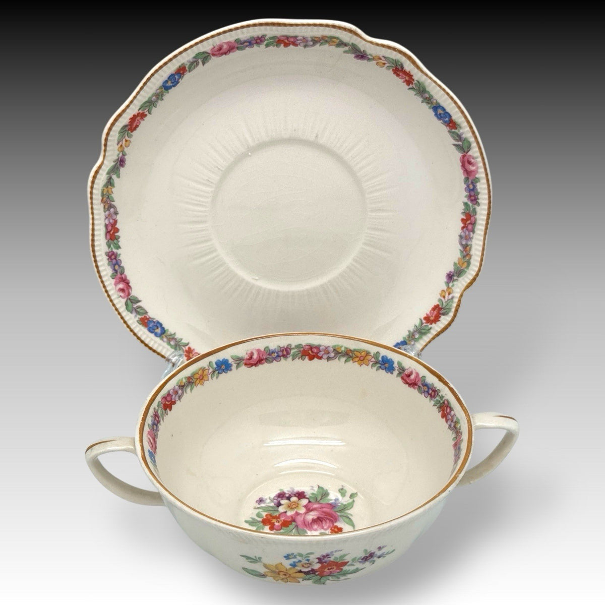 4 Johnson Brothers “Marlow” Old Staffordshire Flat Cream Soup Bowls and Saucers