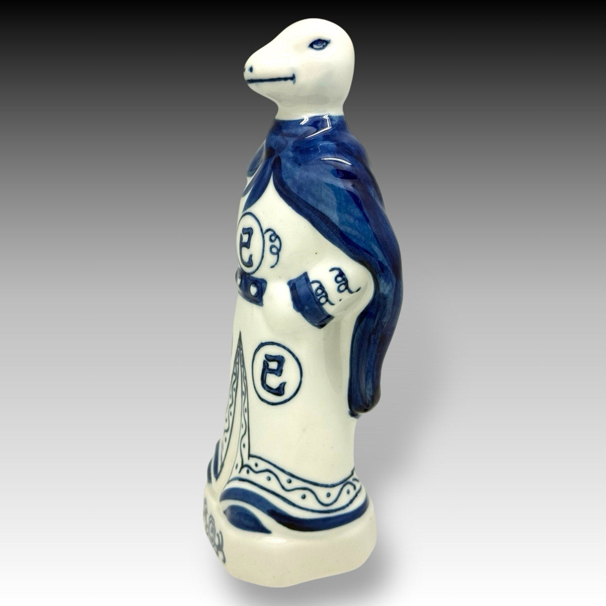 Vintage Chinese Zodiac Snake Figurine Blue White Porcelain Chinoiserie 10 Inch