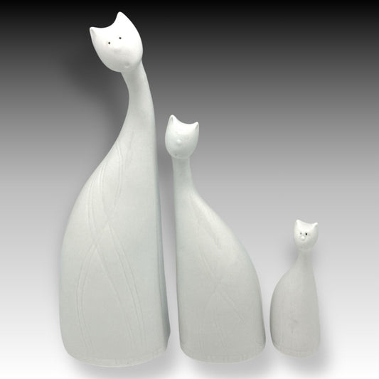 Mid Century Modern White Porcelain Cat Trio Long Neck Glossy Cats Figurines MCM