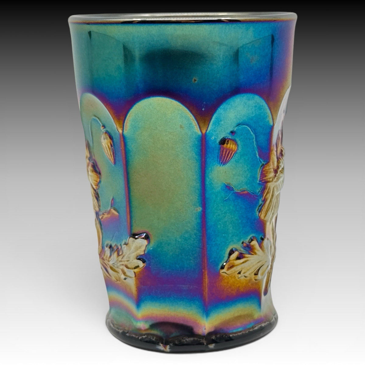 Northwood Oriental Poppy Black Amethyst Carnival Glass Tumbler, Antique 4.5 Inch