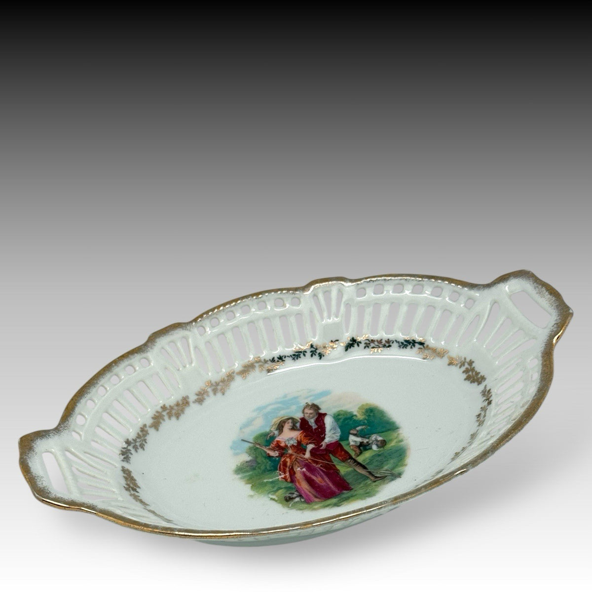 Antique German Porcelain Reticulated Bowl Victorian Couple Gilt Trim 9.5”