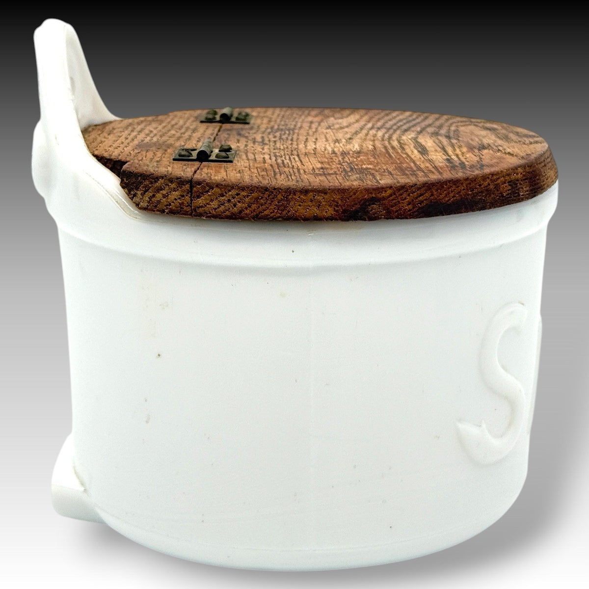 Jeanette Milk Glass Victorian Wall Mount Salt Box With Wood Lid Farmhouse Decor