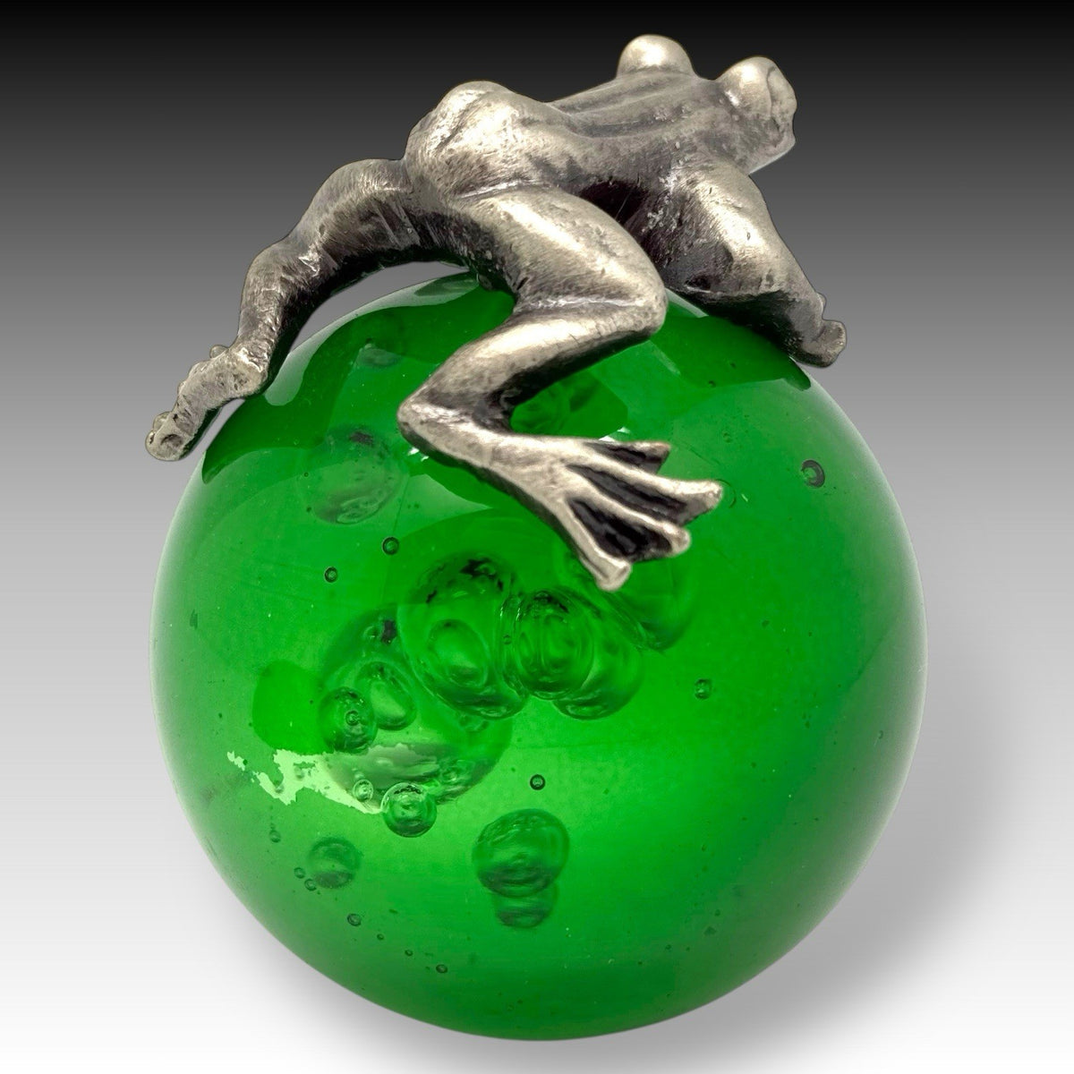 Vintage Pewter FROG on Green Bubble Glass PAPERWEIGHT & Etched FROG BOWL Set
