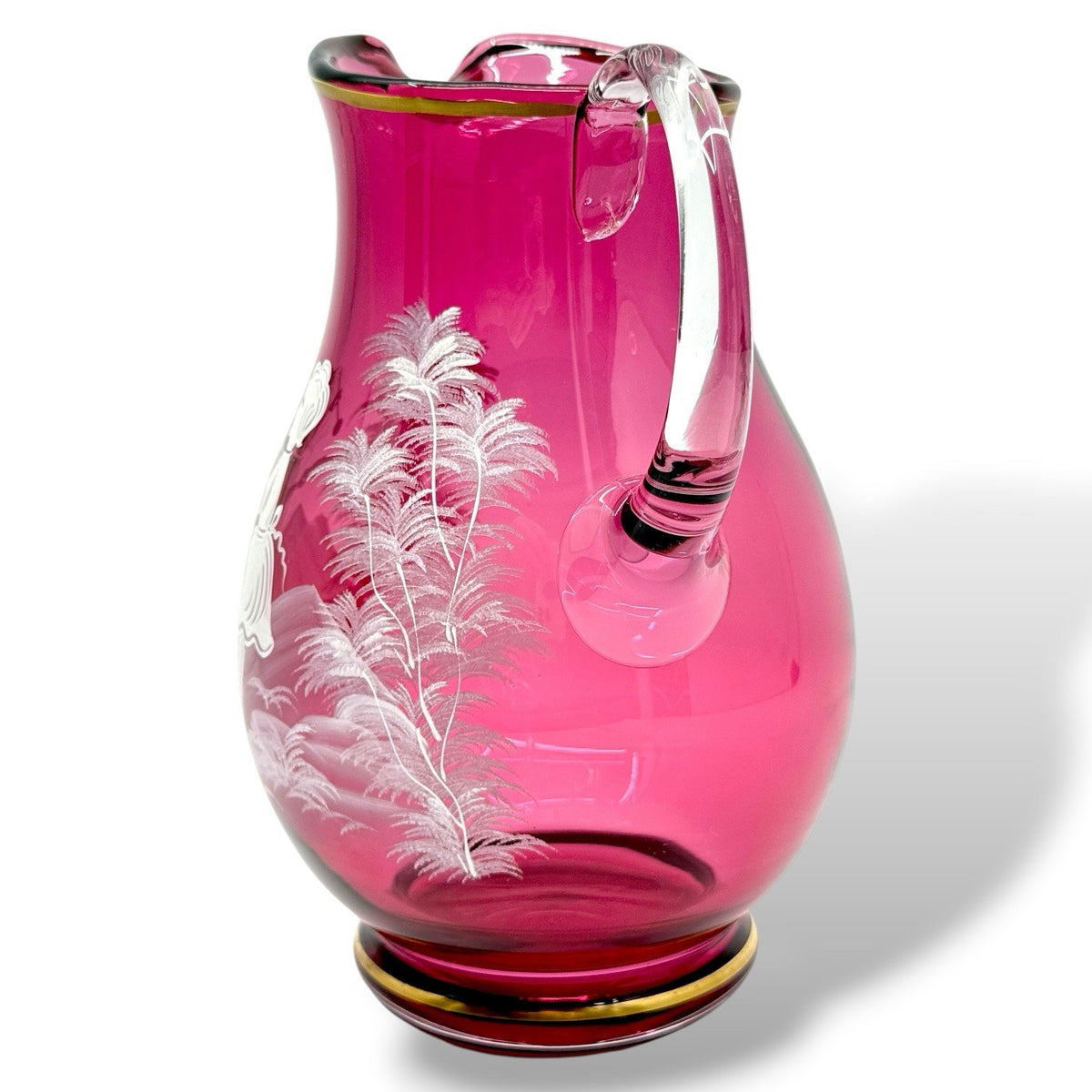 Vintage Cranberry Mary Gregory Hand Painted Art Glass Water Pitcher Gold Trim
