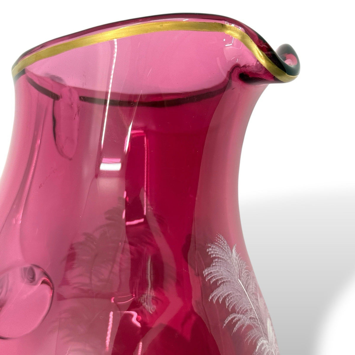 Vintage Cranberry Mary Gregory Hand Painted Art Glass Water Pitcher Gold Trim