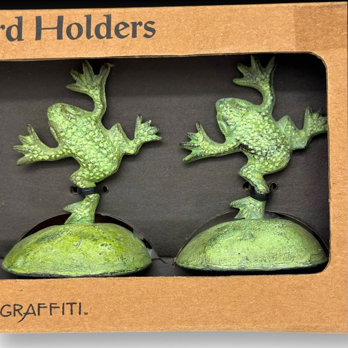 Ancient Graffiti Frog Brass Placecard Holders Set of 4 Green New