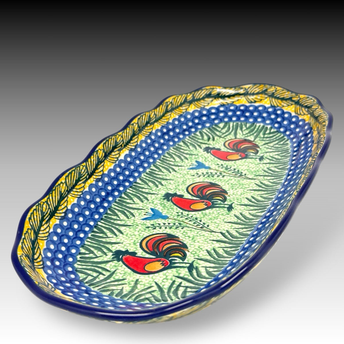 UNIKAT Polish Pottery Rooster Parade Serving Tray 12.5 Inches Signed Kuczynska