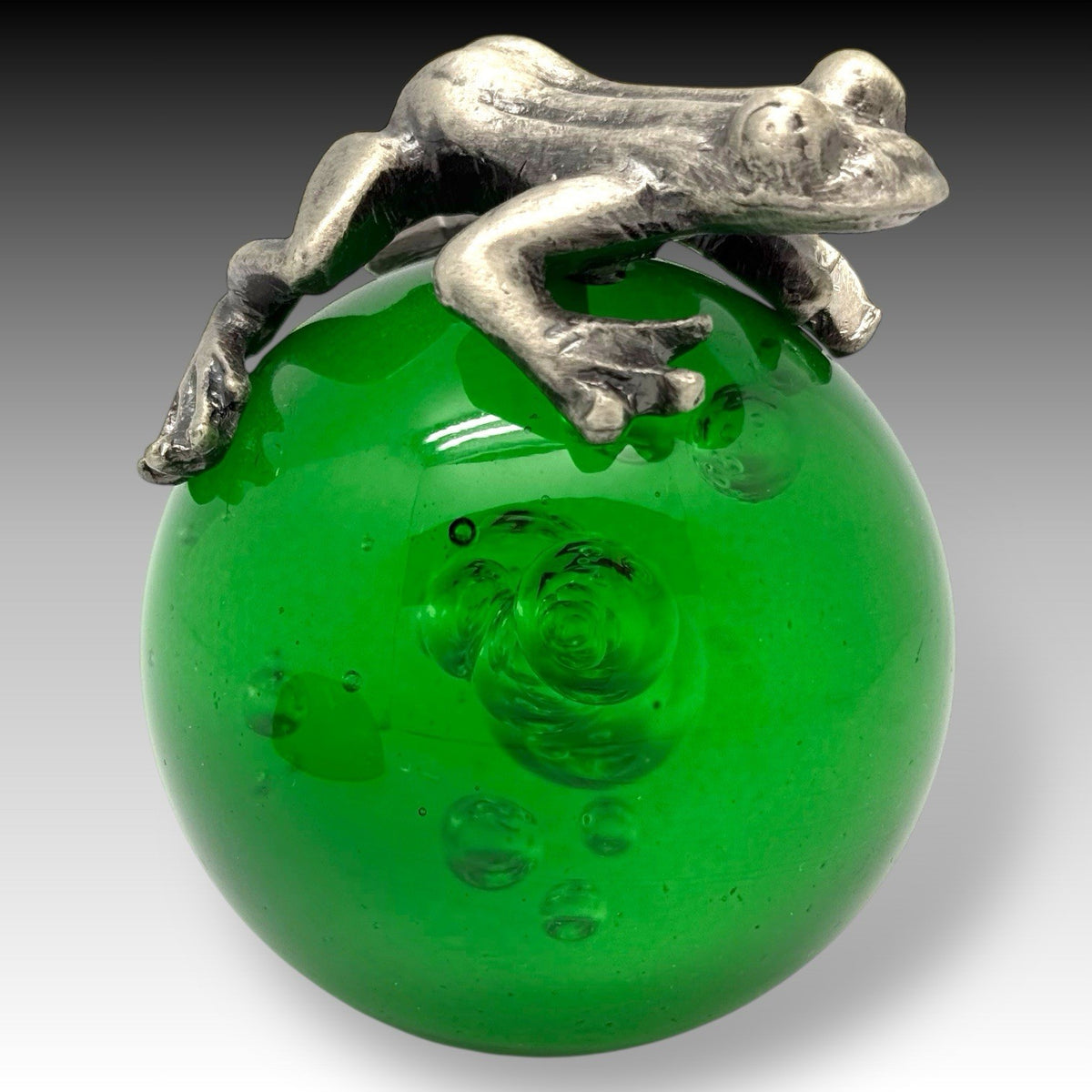 Vintage Pewter FROG on Green Bubble Glass PAPERWEIGHT & Etched FROG BOWL Set