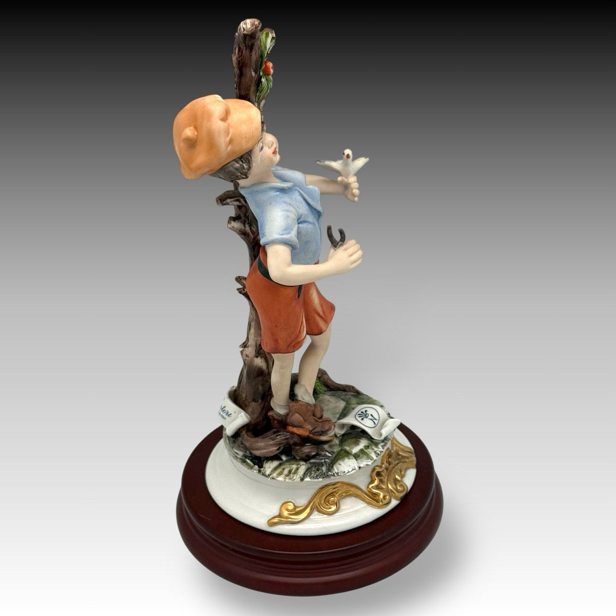 RARE Capodimonte Figurine Signed SARTORI Boy with Bird Italy Porcelain 11" Tall