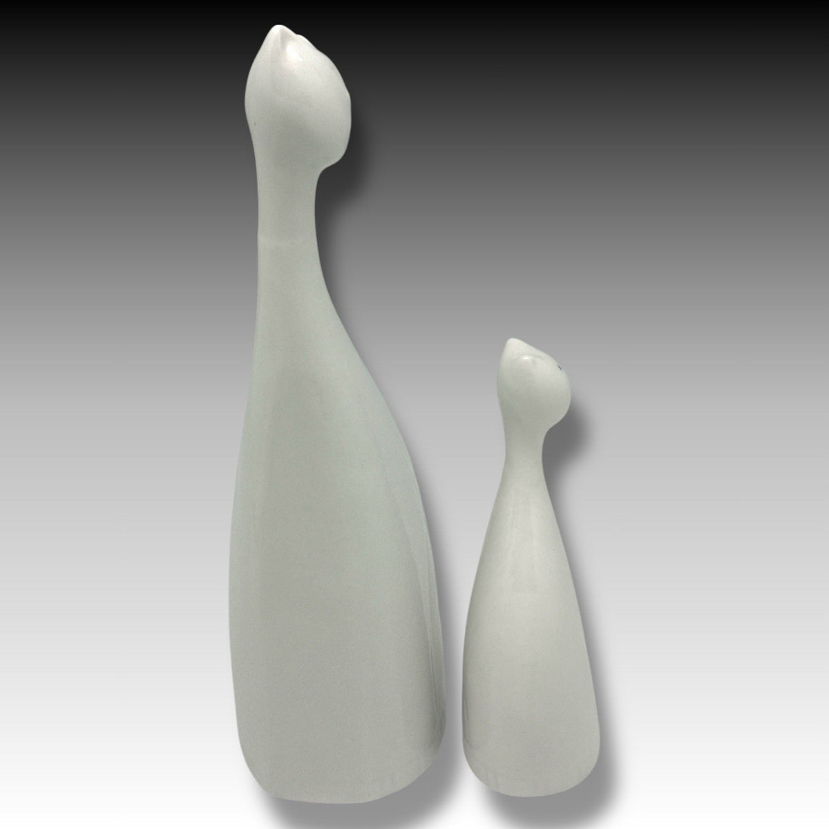 Mid Century Modern White Porcelain Cat Trio Long Neck Glossy Cats Figurines MCM