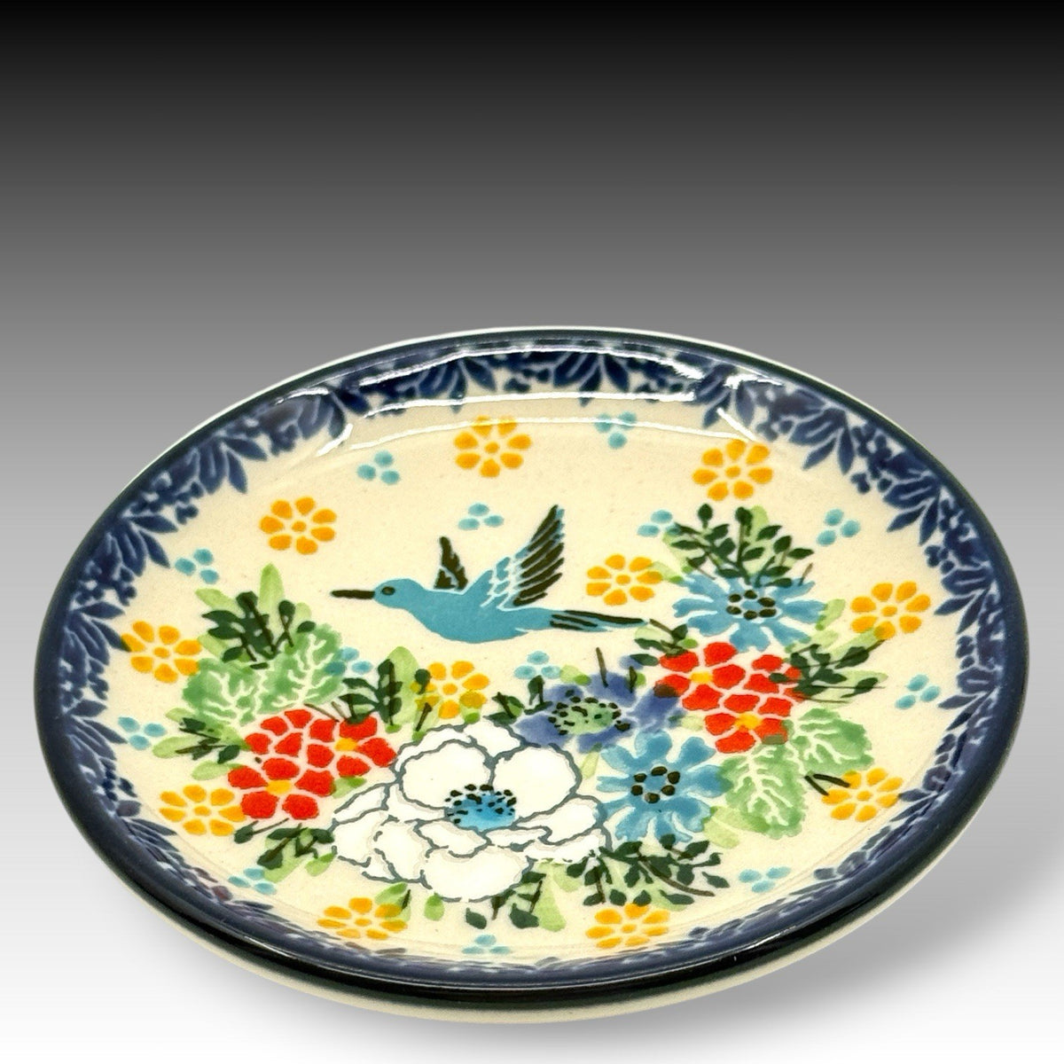 UNIKAT Polish Pottery Hello Hummingbird Mini Plate Coaster Dish 4 inch Signed