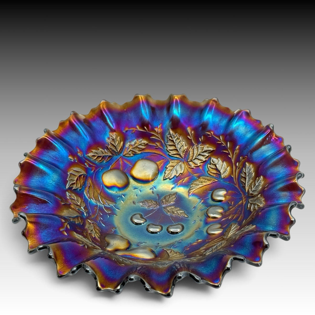 Northwood Three Fruits Electric Amethyst Carnival Glass Ruffled Bowl 8.5 Inches