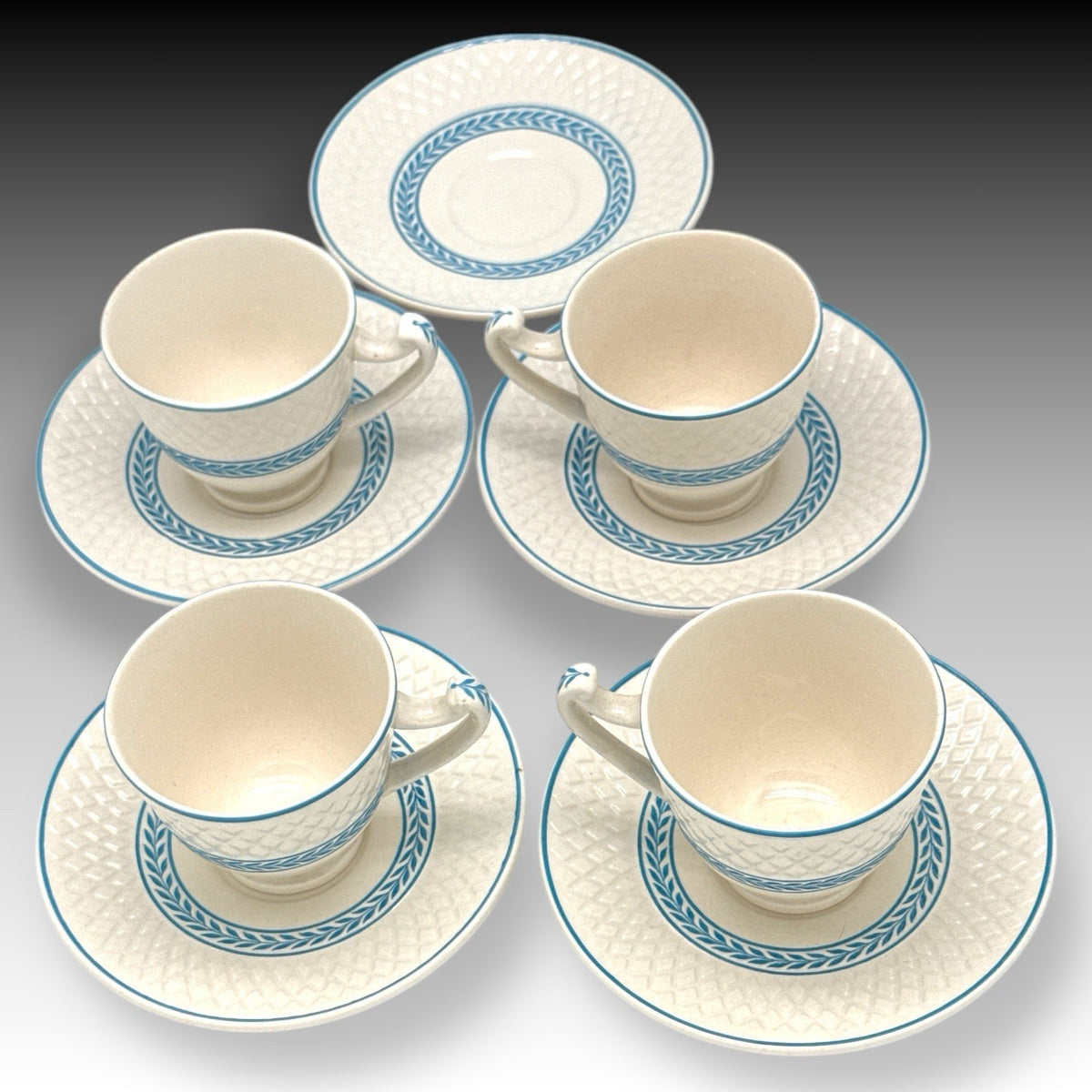 Spode Mansard ELAINE 4 Demitasse Cups & 5 Saucers England Blue White Vintage