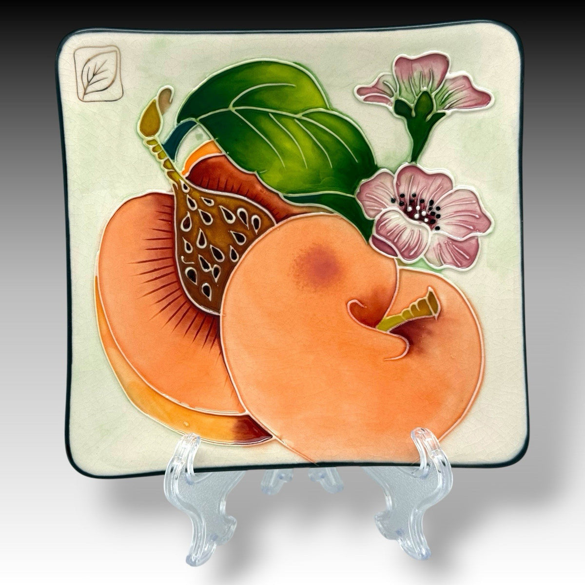 J McCall Blue Sky Peaches Embossed Ceramic Plates Set of 4 2004 5.5” Square