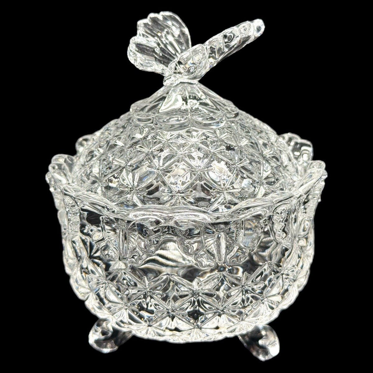 Vintage Butterfly Footed Crystal Covered Candy Dish Trinket Box Heavy 5 Inches