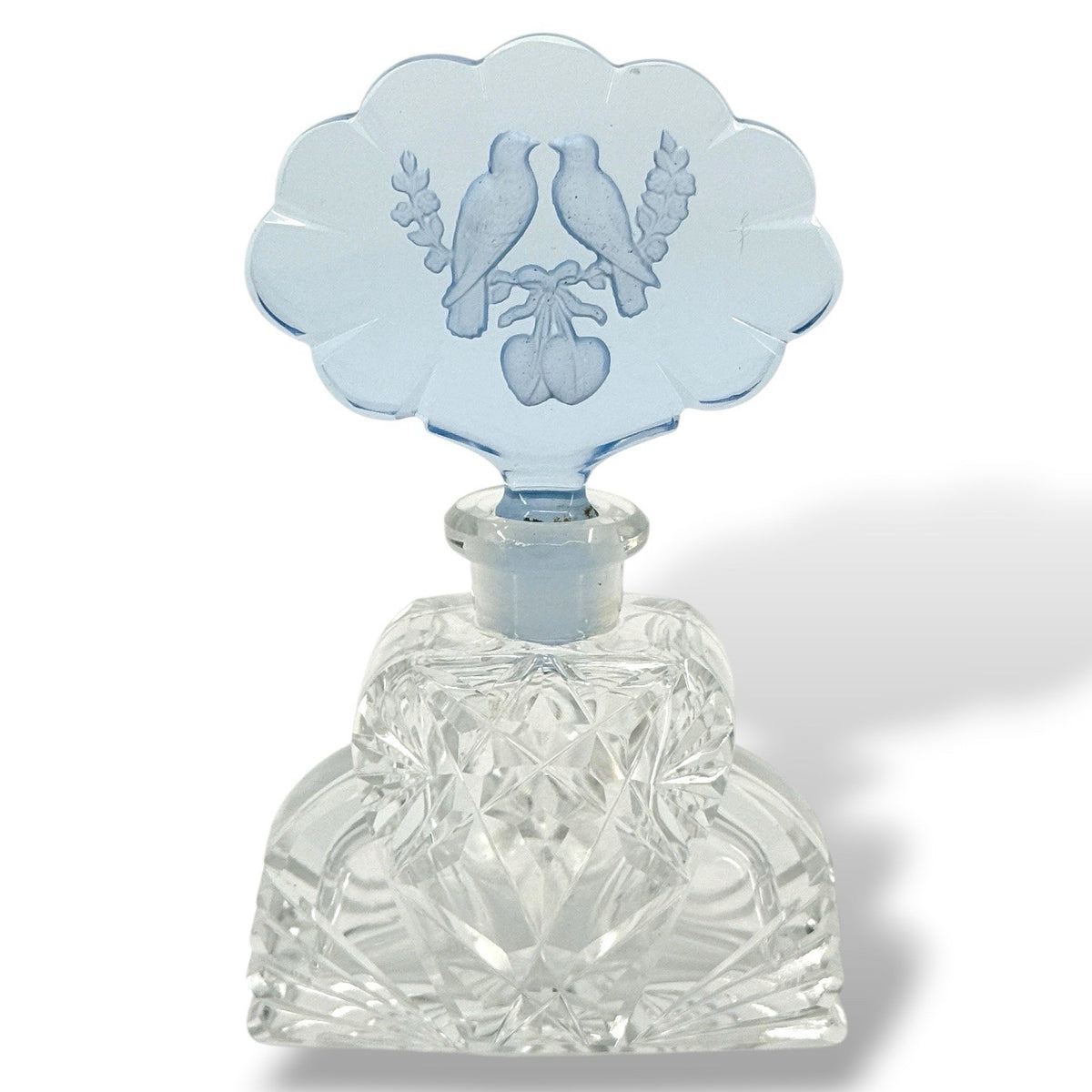 Czech Cut Crystal Art Deco Perfume Bottle With Blue Intaglio Bird Stopper 4 Inch