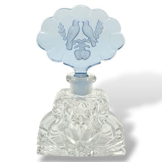 Czech Cut Crystal Art Deco Perfume Bottle With Blue Intaglio Bird Stopper 4 Inch