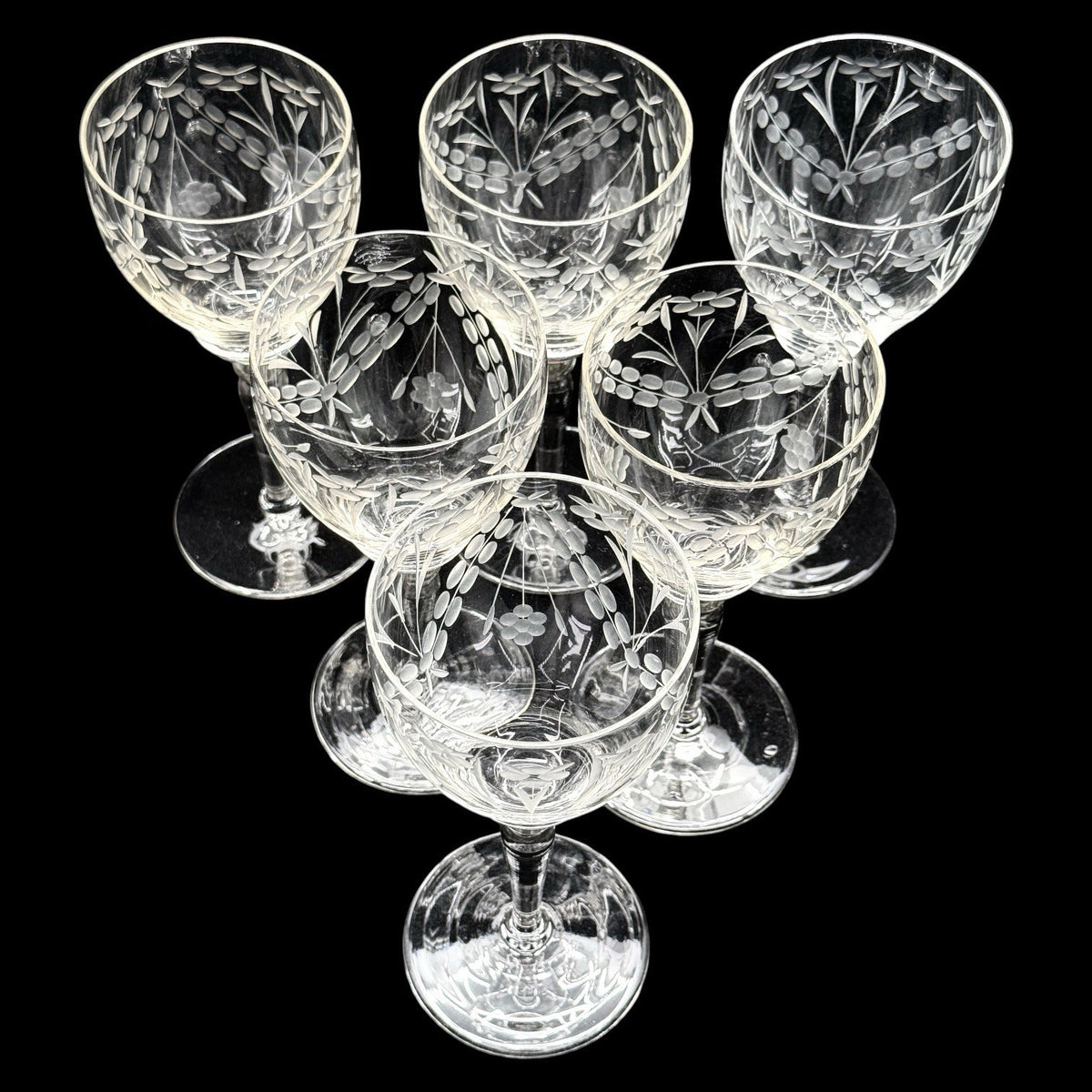 Vintage Etched Floral Crystal Wine Goblets, Set Of 6 Elegant Stemware, 7.75 Inch