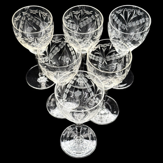 Vintage Etched Floral Crystal Wine Goblets, Set Of 6 Elegant Stemware, 7.75 Inch