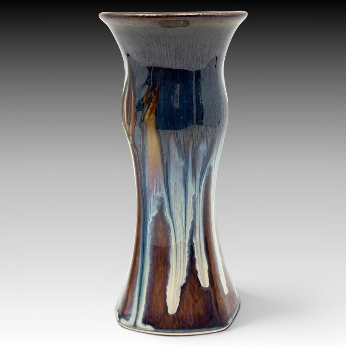 Bill Campbell Studio Art Pottery Blue Drip Glaze Lotus Vase Signed 7.75"  USA