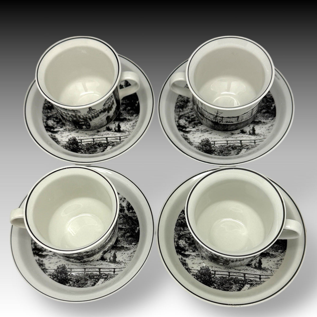 ARABIA Finland HELSINKI Wright 1863 Museum Cups & Saucers Set of 4 – B&W