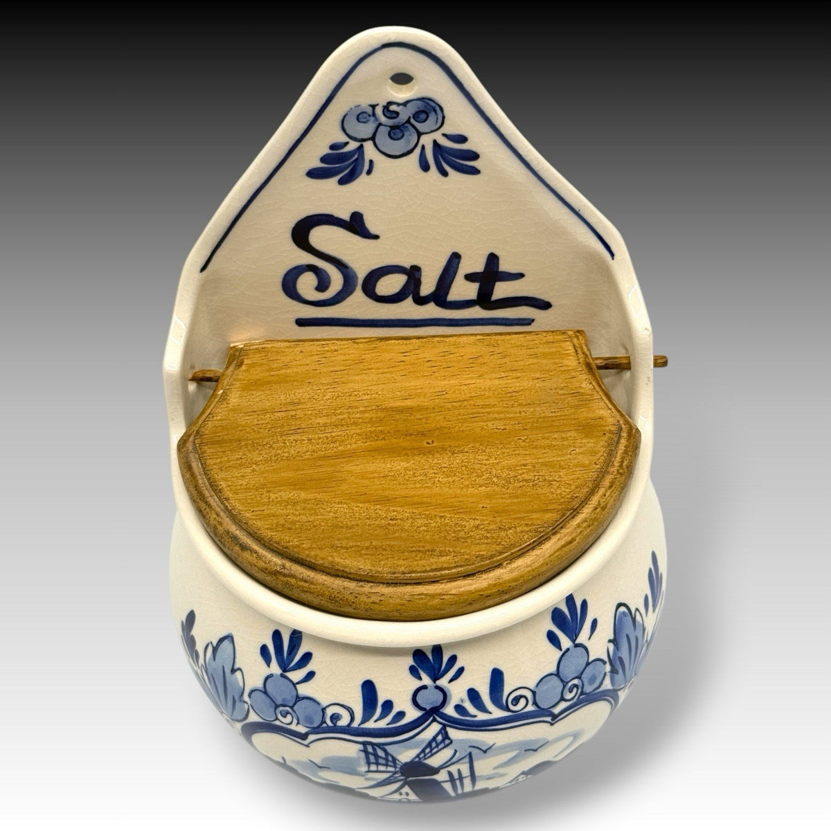 Hand Painted Delft Blue Wall Hanging Salt Box Windmill Wood Lid Vintage Rare