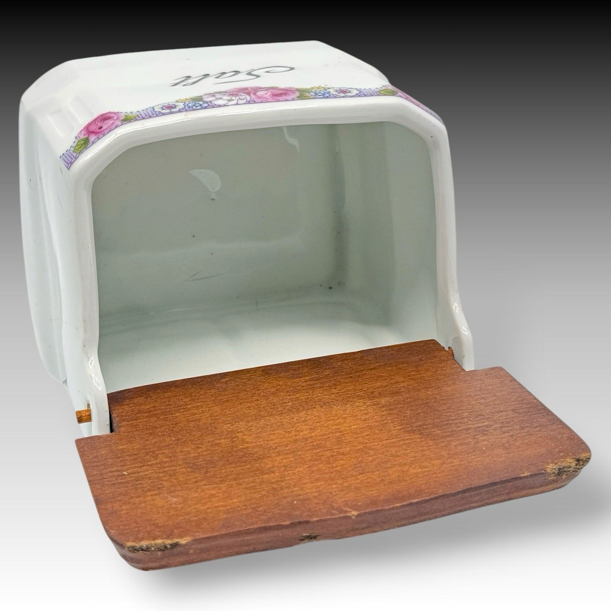 Victoria Czechoslovakia Porcelain Salt Box Wood Lid Floral Wall Hanging Crock